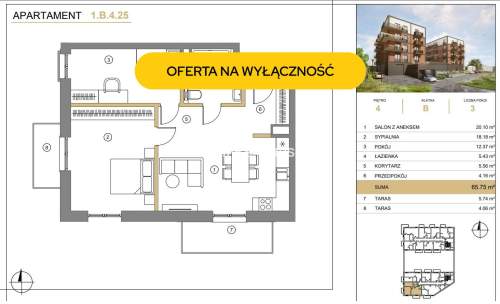 3 pok 65m2 ostatnie piętro 2 balkony winda