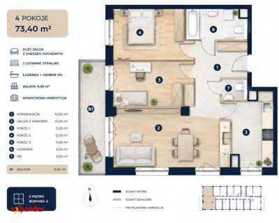 4 pokoje 73,40 m Balkon 9,60 m Rynek pierwotny