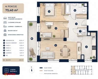 4 pokoje 73,40 m Balkon 9,60 m Rynek pierwotny