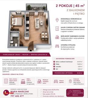 2 pokoje 45 m Balkon I piętro 