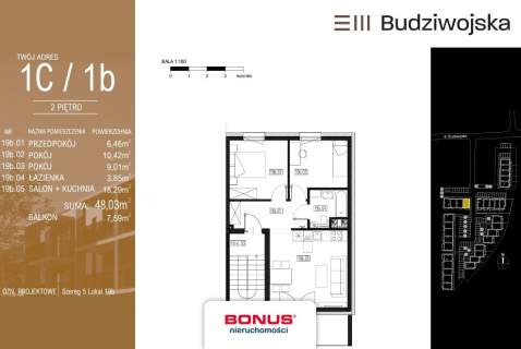 3-pokojowe 48,03m2 salon od strony południowej