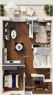 3 pokoje 64m2 Duży balkon 10m2 Nowoczesne Mieszkanie Bez
