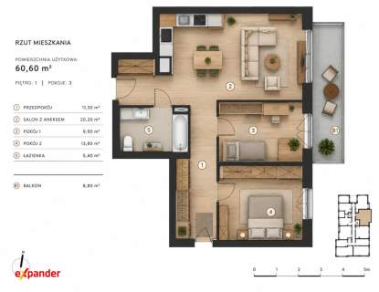 3 pokoje Balkon 8,8 m Bez PCC Rynek pierwotny