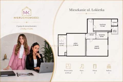 Przestronne 2 pokoje 66 m2 1. piętro 2 balkony ul. Łokietka