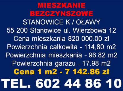 MIESZKANIE W STANOWICACH K / OŁAWY Z OGRÓDKIEM BEZCZYNSZOWE