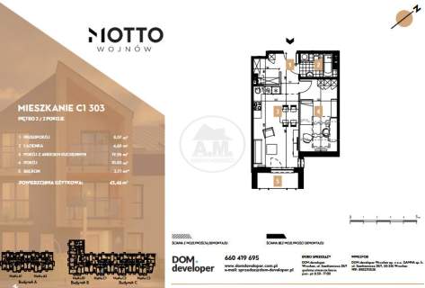 2 pokoje 43,46 m Balkon Wojnów Promocja