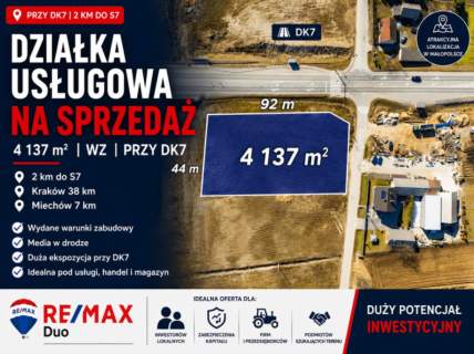Działka usługowa z WZ przy DK7 2 km od S7