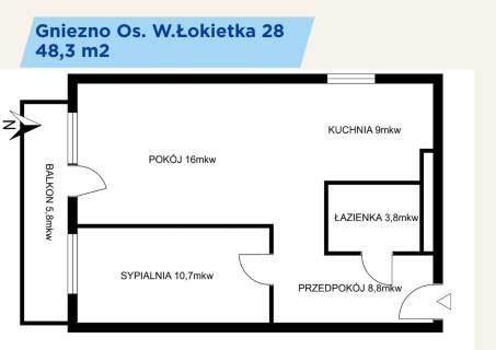 2 pokoje z balkonem i piwnicą   Gniezno Łokietka