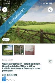 Sprzedam działkę w Łubinie Kościelnym 20 arów asfalt, kana