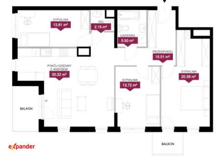 Komfortowy apartament, sypialnia z garderobą, 2 balkony