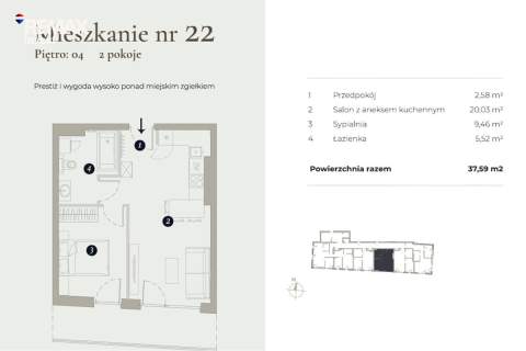 2 pokoje 37,59 m Balkon widok na Beskidy