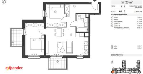 57m2/3 pokoje/2 balkony/Grunwald