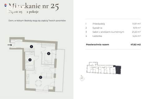 2 pokoje 47,62 m Widok na Beskidy