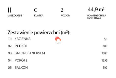 2 POKOJE -44,9M2 NOWY APARTAMENT FLISY