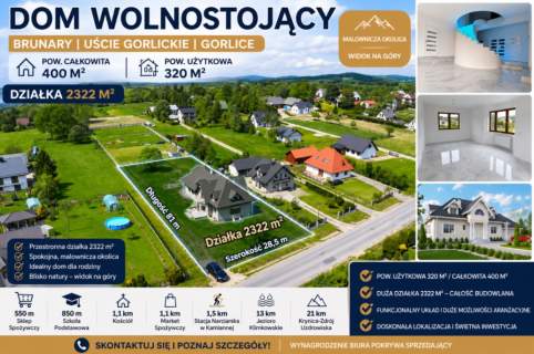 Dom wolnostojący 400m2 Działka 23a Brunary Gorlice