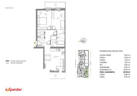 Mieszkanie 3-pokojowe z garderobą, balkon loggia.
