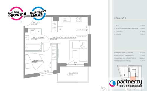 Mieszkanie 2 pokojowe 37m2 z balkonem 5,32m2