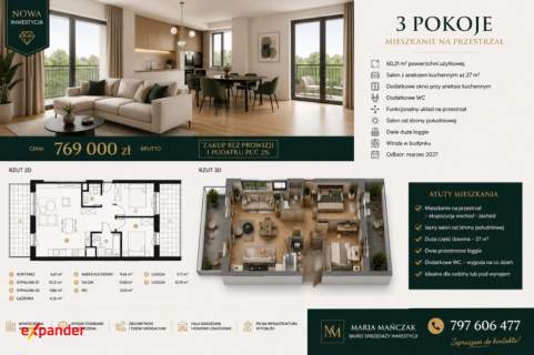 3 pokoje Dwie loggie Salon od południa