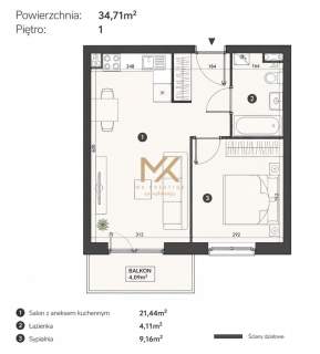 2 pokoje balkon 34,71 m miejsce postojowe Kowale