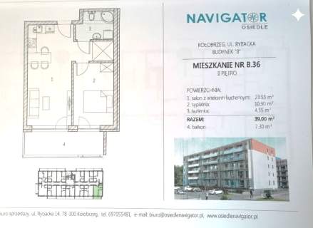 Mieszkanie 2-pokojowe z balkonem, 38m, Kołobrzeg, Rybacka