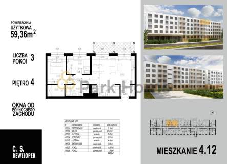 3-pokojowe mieszkanie 59,36 m z balkonem