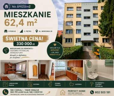 Duże mieszkanie 3 pokoje 62,4 m2 - Do remontu -Tylko 330 000...