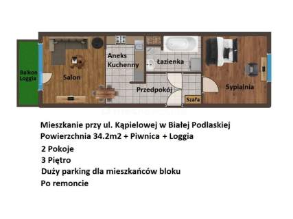 Przytulne mieszkanie 34.2m2 - 2 pokoje - Kąpielowa
