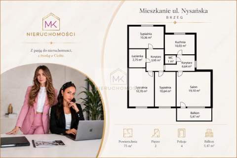 Mieszkanie 4 pokoje 75 m2 duży balkon 2. piętro Brzeg, N
