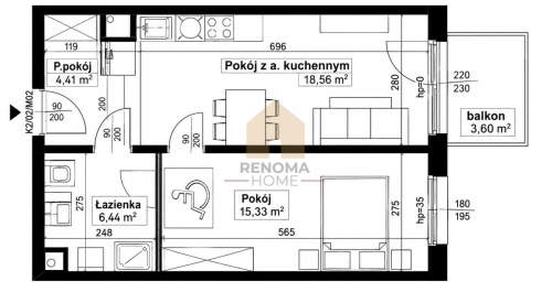 2 pokoje 44,74 m2 Balkon Winda Zakrzów