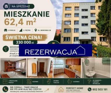 Duże mieszkanie 3 pokoje 62,4 m2 - Do remontu -Tylko 330 000...