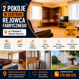 SŁONECZNE 2 pokoje 45m2 w centrum Rejowca Fabr. Niski czynsz