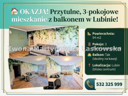 3 pokoje, balkon, centrum, 54m2, Lubin