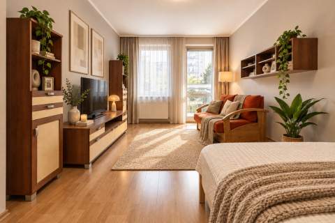 duża kawalerka rozkład balkon opcja 2 pokoi