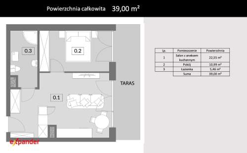 2 pokoje z dużym tarasem