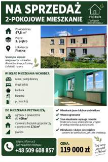 Mieszkanie na sprzedaż - 2 pokoje, ogródek, piwnica - Płotno
