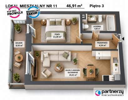 Mieszkanie w Rumi, 2 pokojowe na 3 piętrze, 46m2