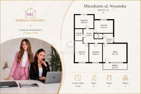 Mieszkanie 4 pokoje 75 m2 duży balkon 2. piętro Brzeg, N