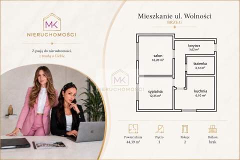 Mieszkanie 2 pokoje 44,39 m2 duża piwnica parking Brzeg, ul....