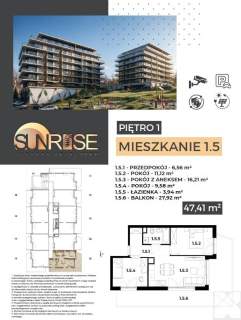 Sunrise Park Mieszkanie nr 1.5 3 pokoje 47,41 m2 balkon