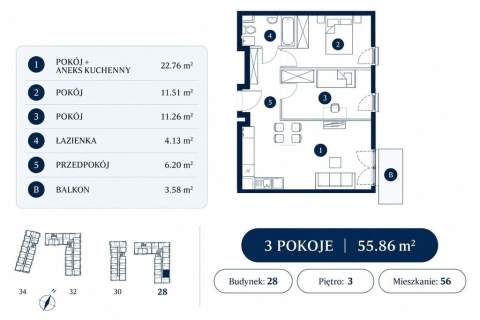 3 pokoje 56 m Balkon ul. BanachaI Gotowe do odbioru