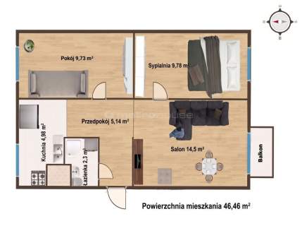 Dwustronne 3-pokojowe mieszkanie 46,46 m Radom