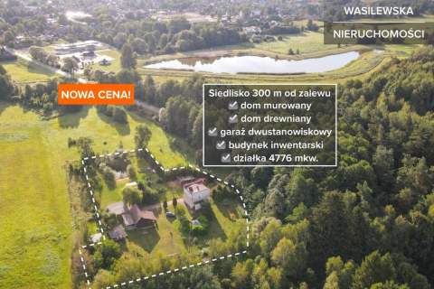 Siedlisko 4776 m2 obok zalewu i lasu 2 domy i budynki gospodarcze