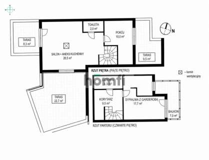Wyjątkowy loft 70m2 2 poziomy, 3 tarasy Parking