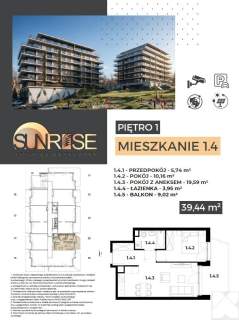 Sunrise Park Mieszkanie nr 1.4 2 pokoje 39,43 m2 balkon 