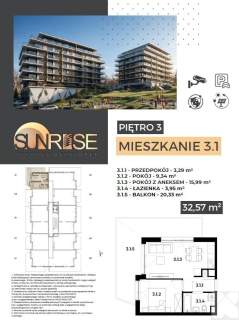 Sunrise Park Mieszkanie nr 3.1 2 pokoje 32,56 m2 balkon