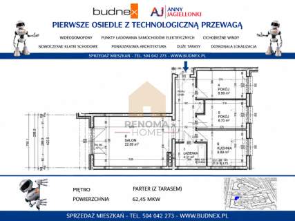 4 pokoje 62,45 m taras 20 m Anny Jagiellonki