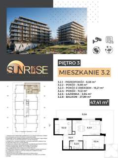 Sunrise Park Mieszkanie nr 3.2 3 pokoje 47,42 m2 balkon