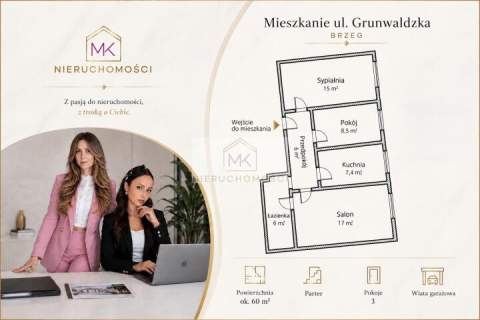 Mieszkanie 3 pokoje 60m2 Park Wolności parter wiata garażowa...