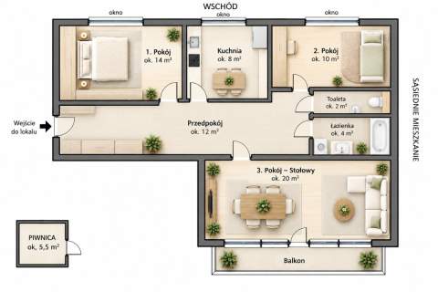 3 pokoje 56,2m2, balkon, po remoncie, winda