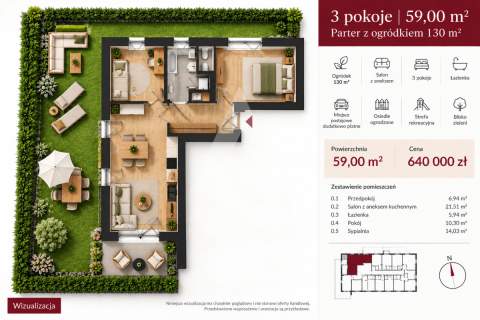 3 pokoje 59, m ogród 130 m parter